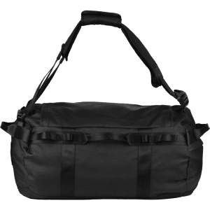 A black duffel bag with adjustable straps and a sturdy handle, featuring multiple attachment points and storage options.