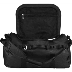 A black duffel bag with a detachable mesh pocket and adjustable shoulder strap. Features a logo on the front.