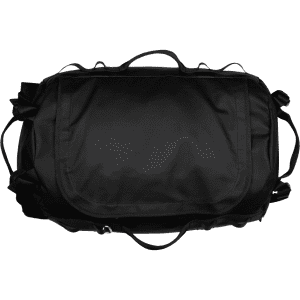 A black duffel bag with multiple handles and a secure closure, featuring a sleek, minimalist design.