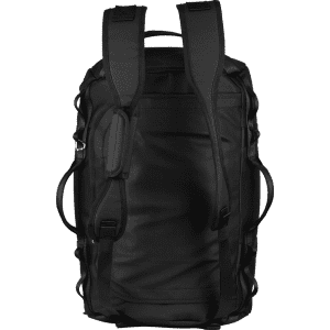 A black duffel bag with multiple straps and a large capacity, featuring a logo on the side.