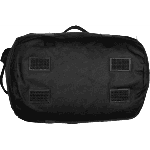 A black duffel bag with textured grips on the base, featuring carry handles and a shoulder strap.