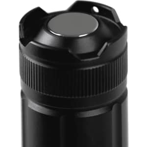 A black LED torch featuring a textured grip and a rounded top with a circular button. It has a logo on the surface.