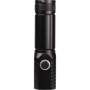 A black LED torch featuring a textured grip and a circular power button, designed for portability.