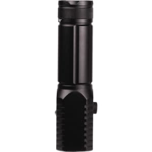 A black LED torch featuring a textured grip and a rotating bezel for focus adjustment. It includes a brand logo.
