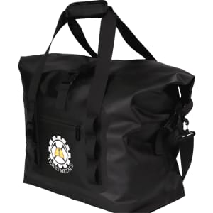 A large black roll-top cooler with dual handles, shoulder strap, and a small front pocket featuring a logo.