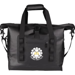 A black roll-top cooler with multiple handles and a front pocket, featuring a logo.