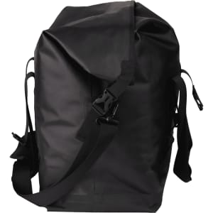 A black roll-top cooler with adjustable straps and buckles, featuring a sleek, waterproof design.