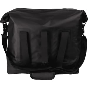 A black soft roll-top cooler featuring adjustable straps and a secure closure system.