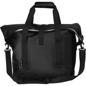 A black soft roll-top cooler bag with sturdy handles and a detachable shoulder strap. It features a logo.