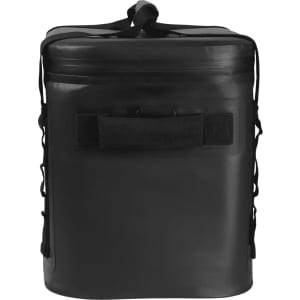 A black soft cooler bag with a sturdy handle and side straps for easy carrying. It features a simple, sleek design.