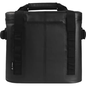 A soft-sided cooler bag in black, featuring sturdy handles and adjustable straps, designed to hold 24 cans.