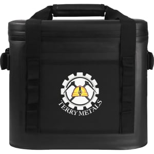 A black cooler bag with a sturdy handle and strap, featuring a logo on the front.