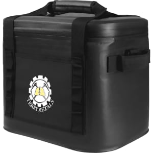 A black cooler bag featuring a logo, designed to hold up to 24 cans, with sturdy handles for easy transport.