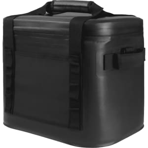 A black soft-sided cooler bag with handles and straps, designed for carrying drinks and food.