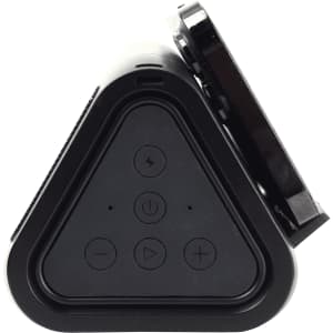 A triangular black outdoor speaker and wireless power bank featuring control buttons on the front and a logo.