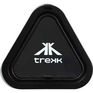A triangular black speaker with a logo, featuring a sleek design suitable for outdoor use.