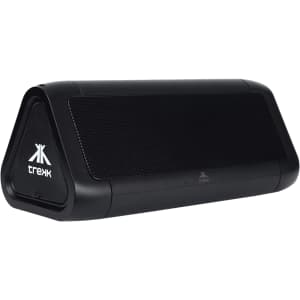 A black outdoor speaker with a triangular design and a logo on the side. It features a textured speaker grille.