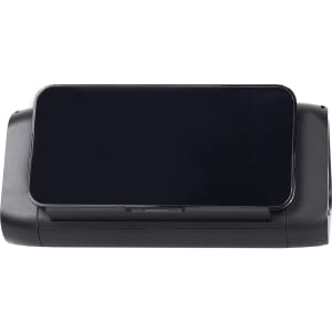 A black outdoor speaker and wireless power bank with a sleek design and a glossy surface. It features a logo.