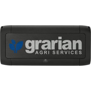 A black outdoor speaker with a mesh front, featuring a logo and a sturdy design for durability.