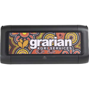 A black outdoor speaker featuring a vibrant Aboriginal art design and a logo. Suitable for outdoor use and charging devices.
