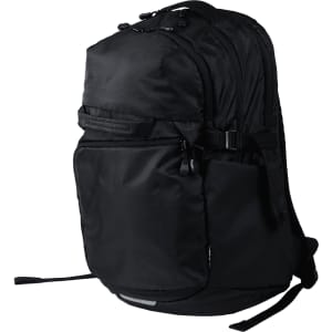 A black computer backpack with multiple compartments and adjustable straps, featuring a logo on the front.