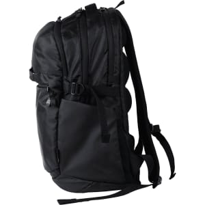 A black computer backpack with multiple compartments, straps, and a sleek design. It has a logo on the front.