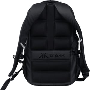 A black computer backpack with padded back and adjustable straps, featuring a logo on the front.