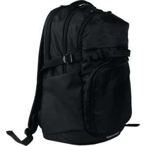 A black computer backpack with multiple compartments and adjustable straps, featuring a logo on the front.