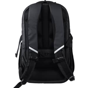 A black backpack with padded adjustable shoulder straps and a structured back panel. Features a logo on the front.