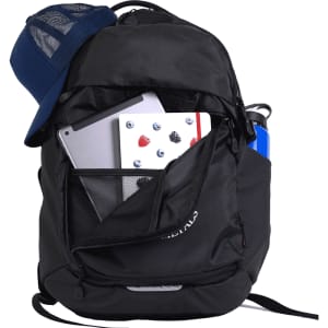 A black backpack with a blue cap, containing a laptop, notebook, and drink bottle visible inside.