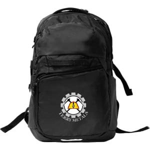 A black computer backpack with multiple compartments and features, including a logo on the front.