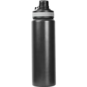 A drink bottle in matte black with a grey band, featuring a screw-on lid and a logo.