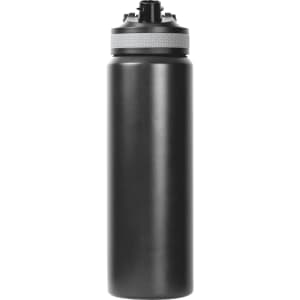 A drink bottle in black with a silver lid and a logo on its surface. It has a double wall design and holds 800ml.