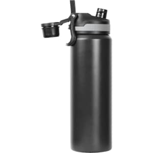 A drink bottle in matte black, featuring a double wall design and a lid with a drinking spout. Includes a logo.