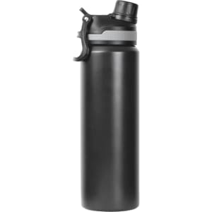 A drink bottle in matte black finish with a detachable lid and a textured grip band, featuring a logo.