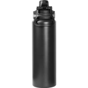 A drink bottle in matte black finish, featuring a flip-top lid and a logo on the side. Holds 800ml.