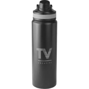 A drink bottle in matte black with a silver lid and a logo on the front. It has a double wall design and holds 800ml.