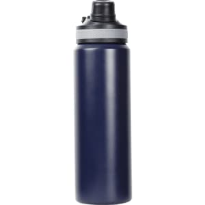 A drink bottle in navy blue with a grey cap and a built-in straw, featuring a logo on the side.