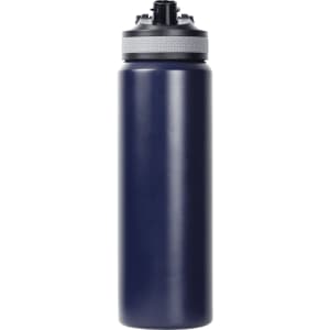 A drink bottle in navy blue with a grey lid and a logo on the body, featuring a double wall design.