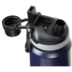 A drink bottle in navy blue with a black lid and a removable cup, featuring a logo.