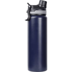 A drink bottle in navy blue with a black lid and a grey grip, featuring a logo on the side.