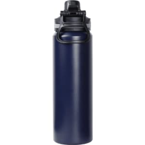 A drink bottle with a double wall design in navy blue, featuring a black screw top lid and a logo.