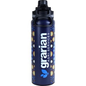 A drink bottle featuring a dark blue design with patterned accents and a logo. It has a flip-top lid.