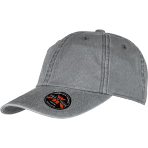 A grey organic washed cotton cap featuring a curved brim and an attached logo on the front.