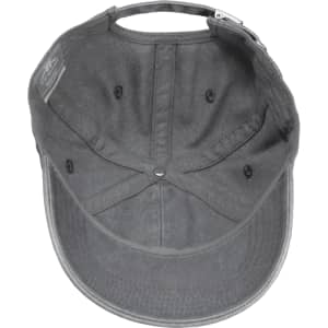 A dark grey washed cotton cap featuring a button top and an adjustable strap at the back. It has a logo.