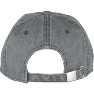 A grey organic washed cotton cap featuring a rear adjustable strap and a logo on the back.