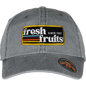 A grey organic washed cotton cap featuring an embroidered logo. The cap has a curved brim and an adjustable strap.
