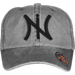A grey organic washed cotton cap with a black logo on the front and a curved brim.