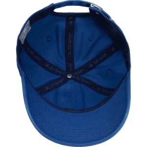 A blue organic washed cotton cap with an adjustable strap and a logo inside.