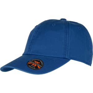 A blue organic washed cotton cap with a curved brim, featuring a logo on the front.
